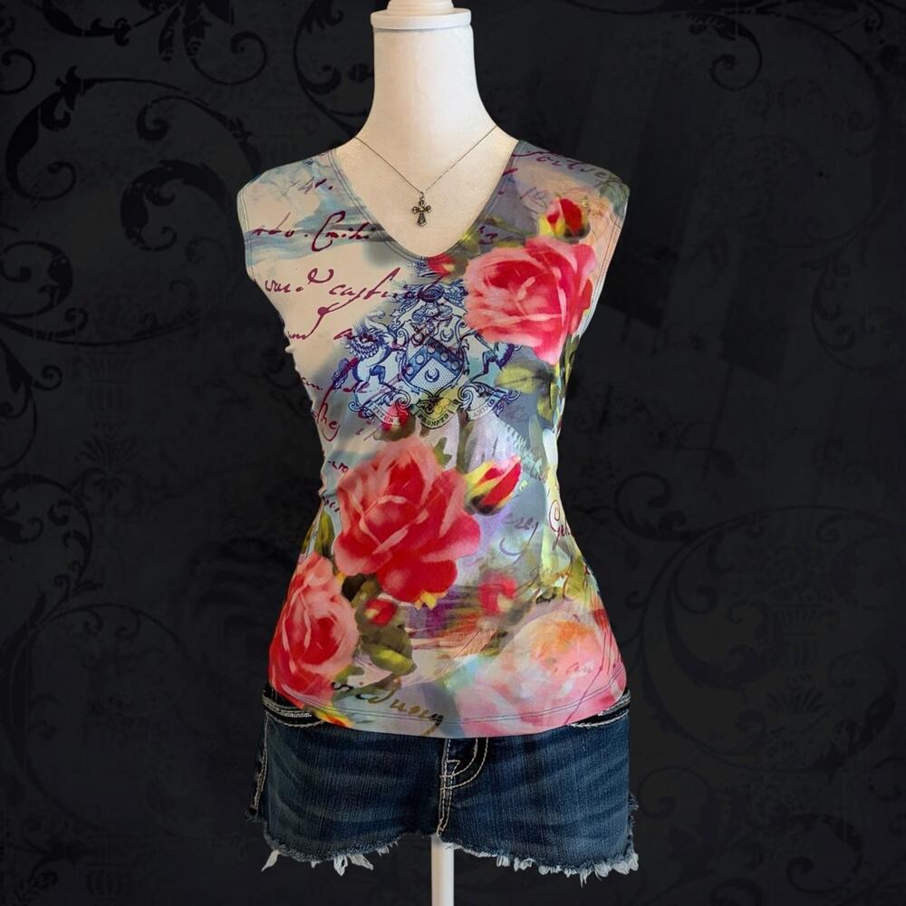 soft watercolor floral, postcard script, ornate crest top